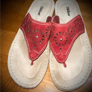 *Cobbie Cuddlers* Womens Sz 10Wide CUTE Sandals Red Leather/Suede w/Low Wedge
